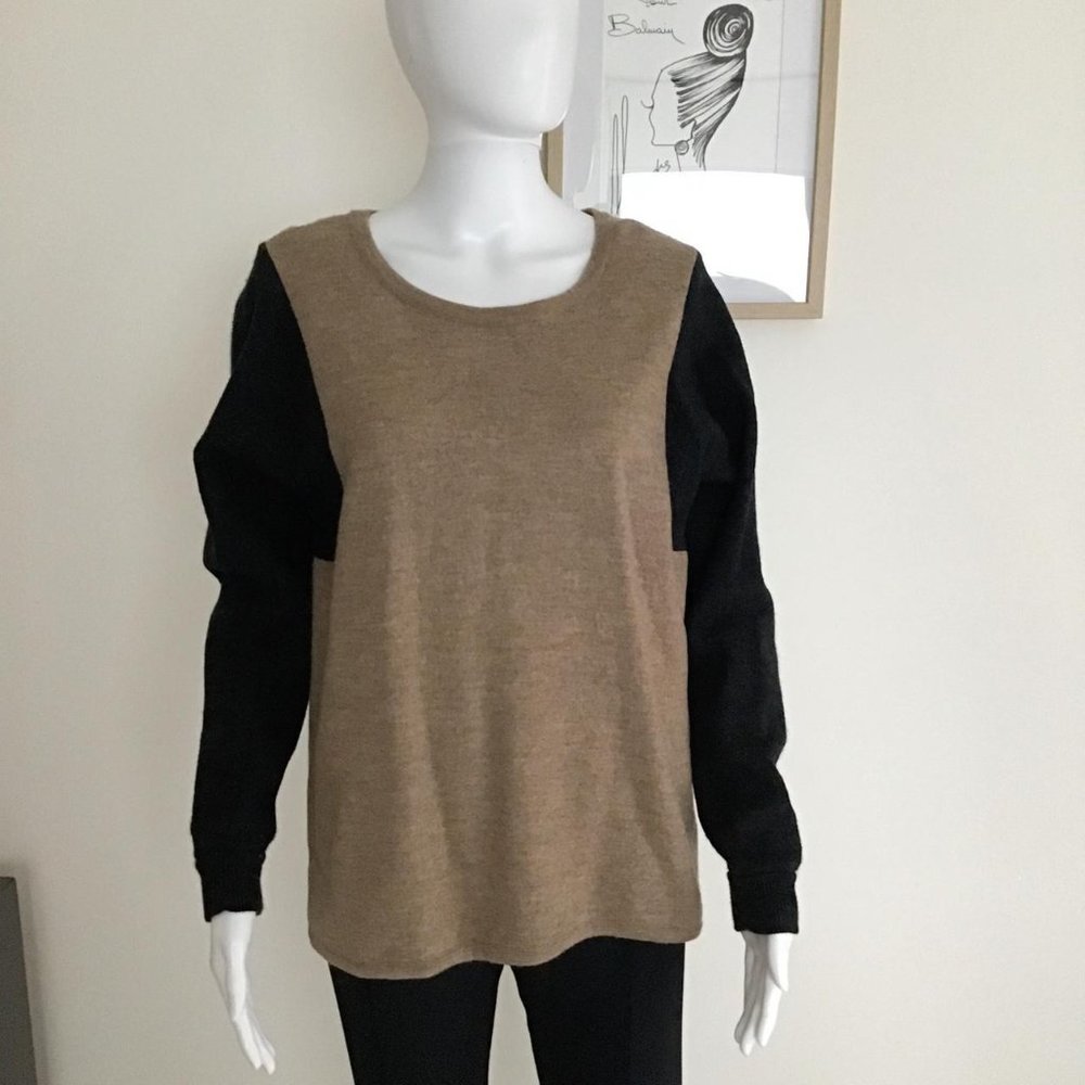 Saba pure thick wool colour-blocking camel & slate-grey sweater /Size L - Picture 1 of 8